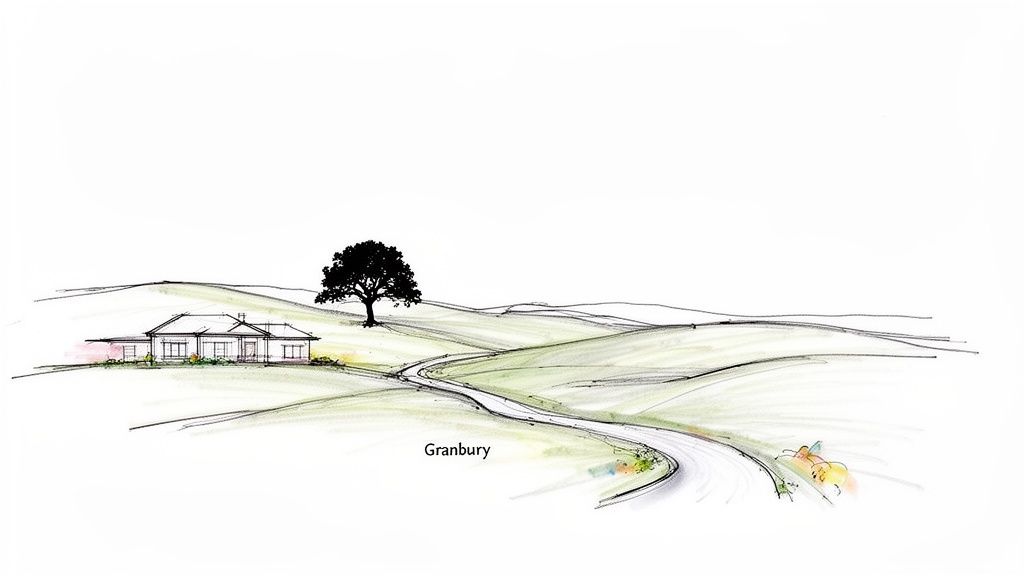 A watercolor sketch shows a rural house, a tree, and a winding road in a Granbury landscape.