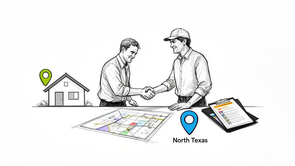 Two men shake hands over a blueprint, symbolizing a custom home building agreement in North Texas.