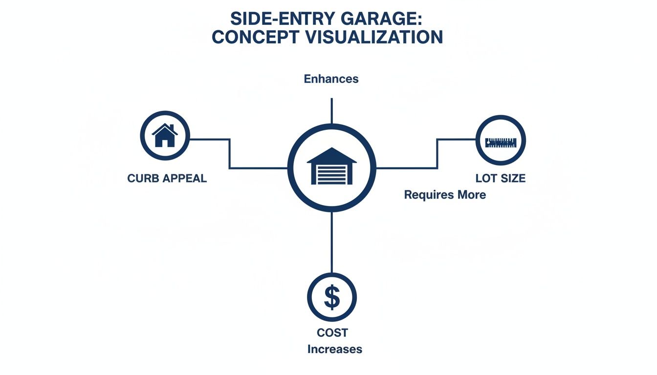 Concept visualization diagram of side-entry garage benefits and drawbacks: enhances curb appeal, requires more lot size, increases cost.