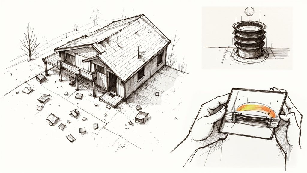 Detailed sketch of a house with a visibly damaged roof and scattered debris, alongside abstract illustrations.