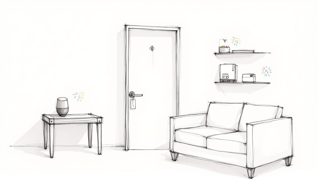 A minimalist sketch of a living room with a smart speaker, a door, a couch, and shelves.