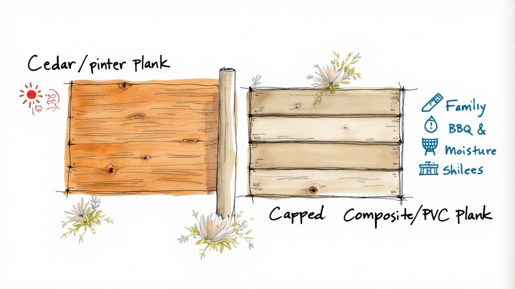 A hand-drawn comparison of cedar/pinter wood planks and capped composite/PVC planks for deck building.