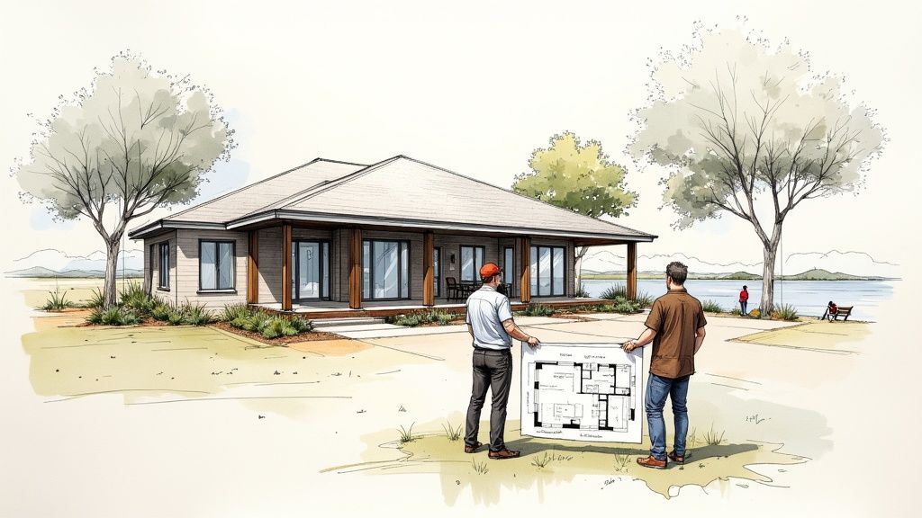 Two men reviewing a custom home blueprint in front of a modern house by a lake.