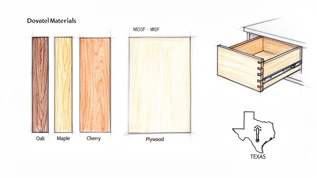Sketches of dovetail drawer materials (oak, maple, cherry, plywood), a drawer, and a Texas map.