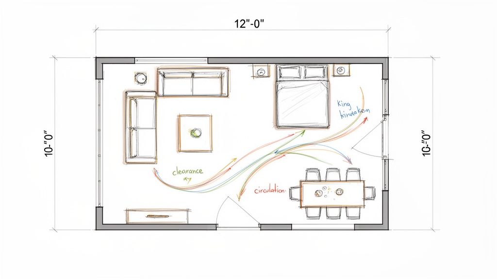 Detailed hand-drawn floor plan sketch illustrating room layout, furniture arrangement, dimensions, and circulation.