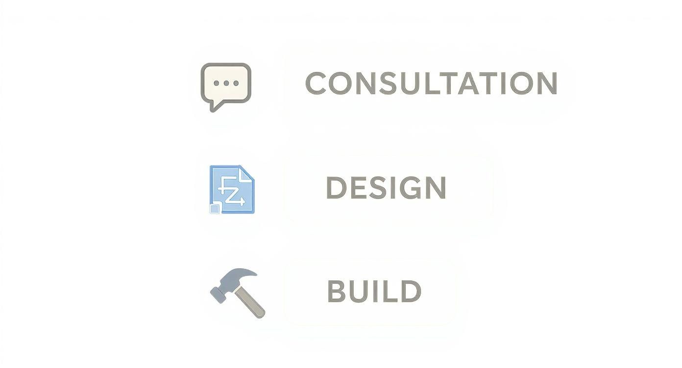 A three-step process showing consultation with a chat bubble, design with a blueprint, and build with a hammer.