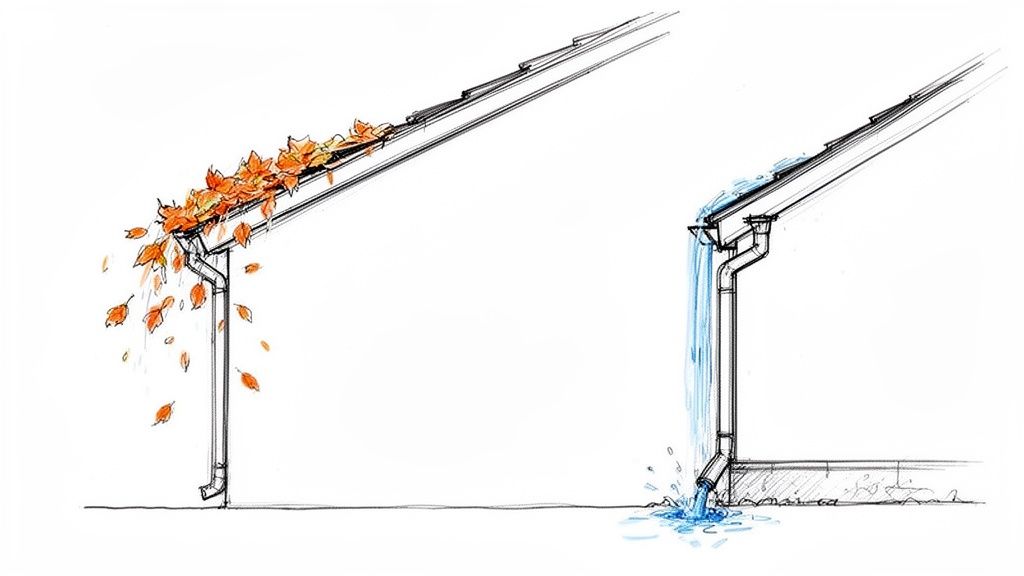 Illustration showing a clogged gutter full of autumn leaves versus a clean gutter with water flowing freely.
