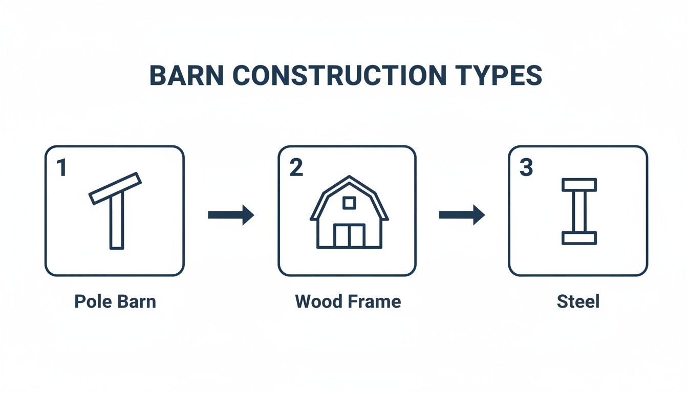 Diagram illustrating three barn construction types: Pole Barn, Wood Frame, and Steel, connected by arrows.