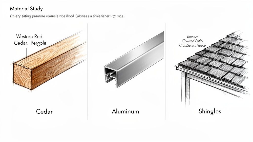 A material study comparing Western Red Cedar for pergolas, an aluminum profile, and roof shingles.