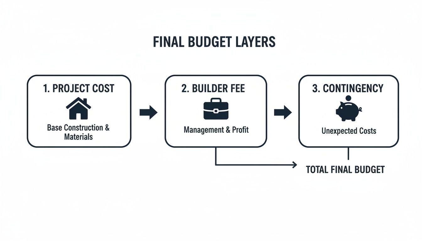 A flowchart illustrates the final budget layers for construction: project cost, builder fee, and contingency, forming the total budget.