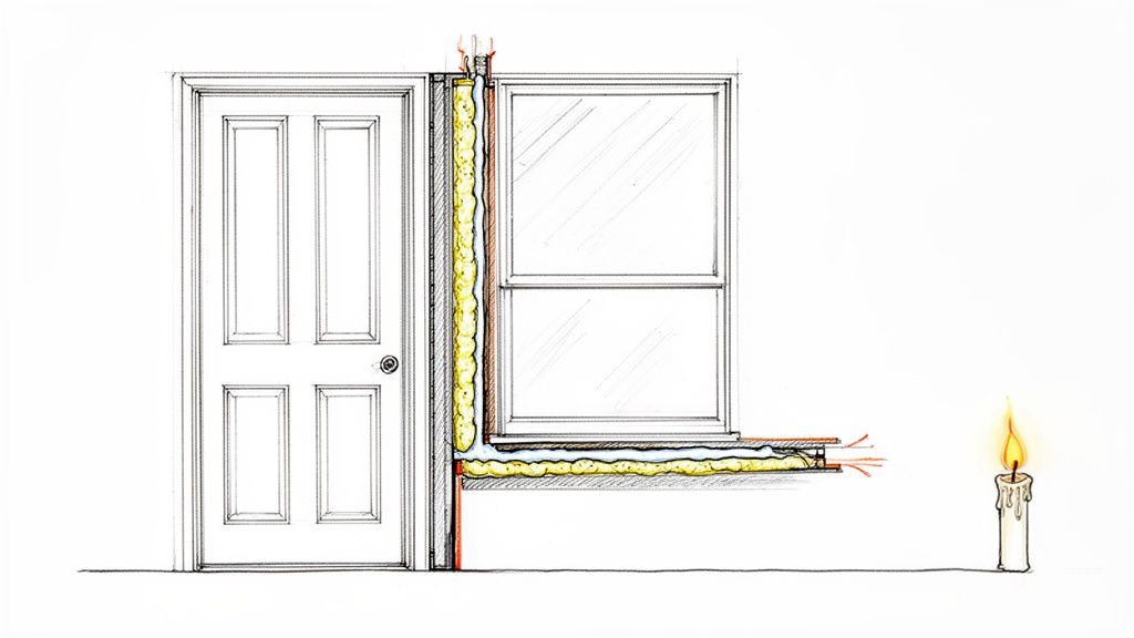 Illustration of home insulation around a door and window, with a candle flame indicating an air draft.