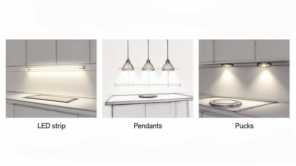Three examples of kitchen task lighting: an LED strip, pendant lights, and puck lights illuminating countertops.