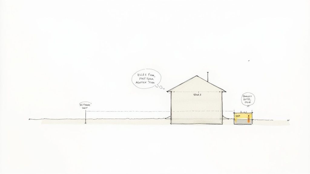 A hand-drawn architectural sketch illustrating a house's side view with setback, roof, and utility box details.