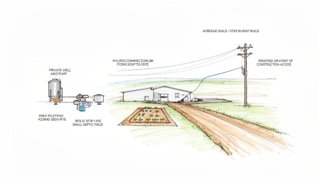 Detailed sketch illustrating a private well, pump, septic field, house, and utility connections for a rural land plot.