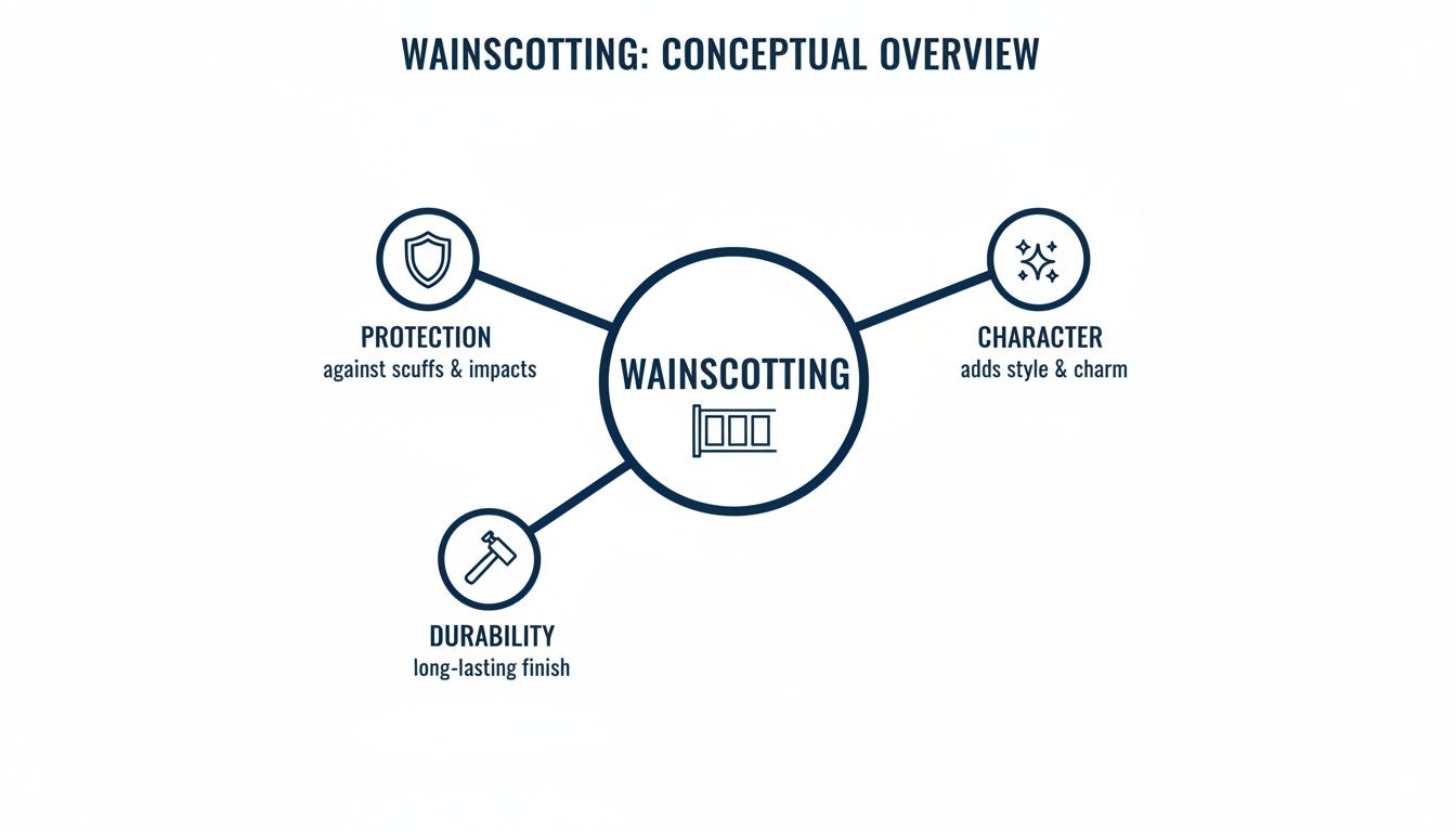 Conceptual overview of wainscotting, illustrating its benefits: protection, durability, and character for home interiors.
