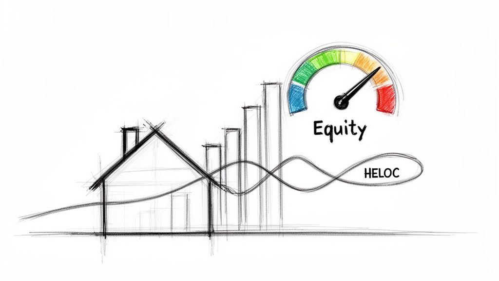 A sketch shows a house, rising bars, an 'Equity' gauge with a high reading, and a 'HELOC' label.