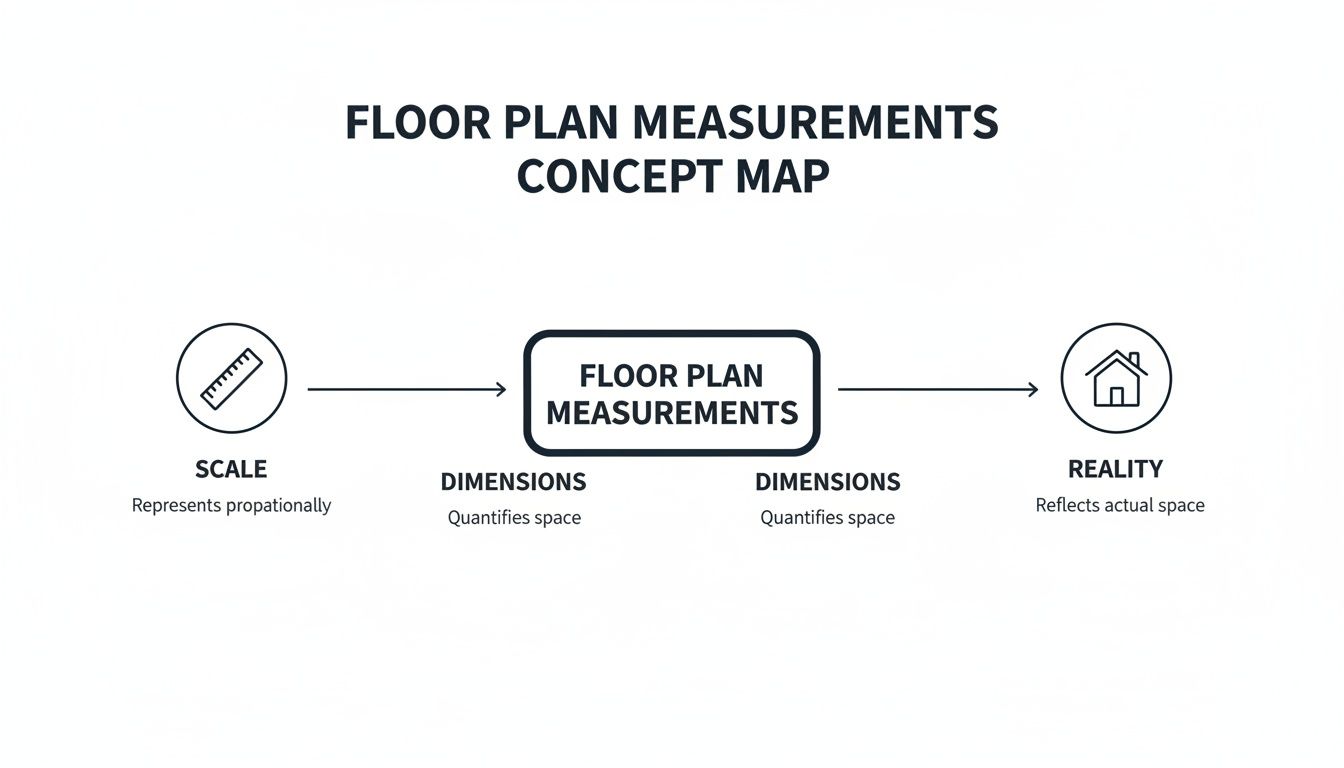 Concept map illustrating the flow from scale to reality through floor plan measurements and dimensions.
