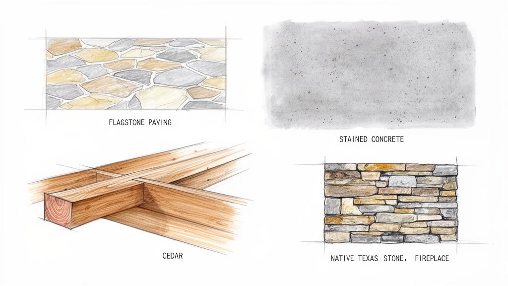 Architectural material samples: flagstone paving, stained concrete, cedar wood, and native Texas stone fireplace detail.
