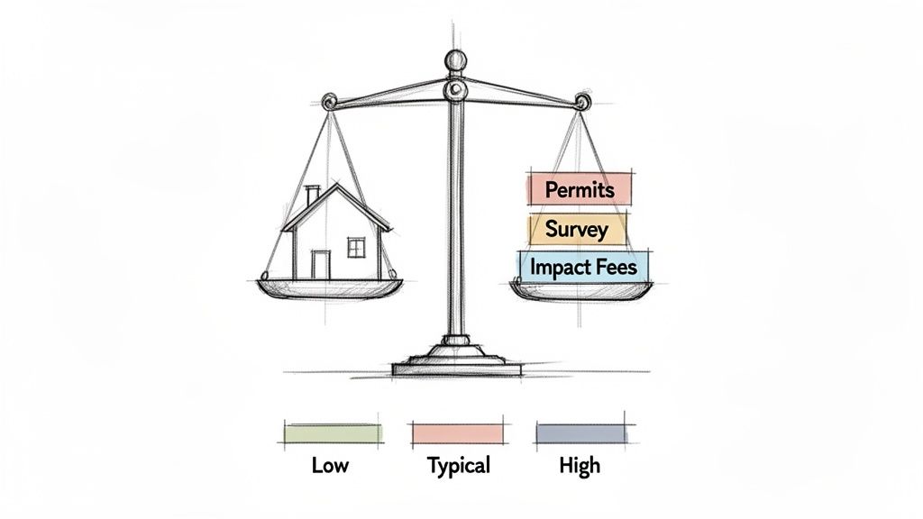A balance scale shows a house on one side and stacked permits, survey, and impact fees on the other.
