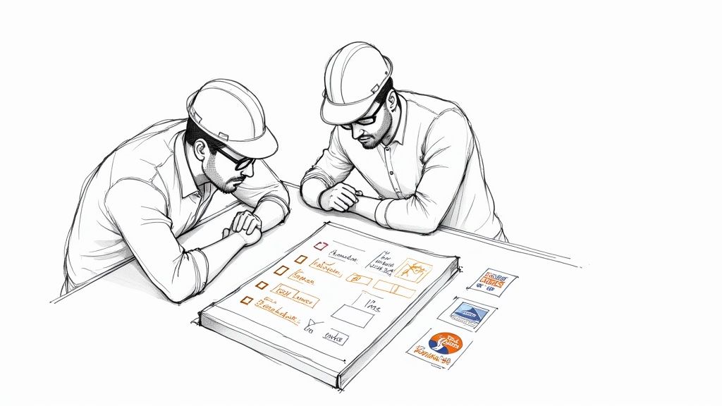 Two construction workers or engineers in hard hats reviewing architectural plans on a table.