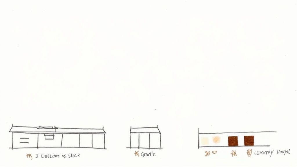 A bright, modern kitchen showcasing a variety of materials including wood cabinets, quartz countertops, and tile backsplash.