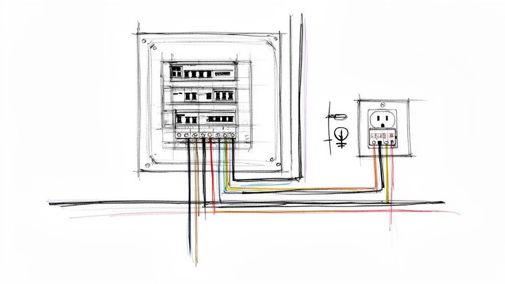 Hand-drawn sketch illustrating an electrical panel connected to a GFCI outlet with various colored wiring.