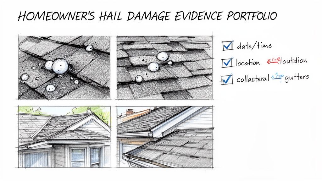 Detailed sketches showing homeowner's hail damage evidence on a roof, including damaged shingles and gutters.