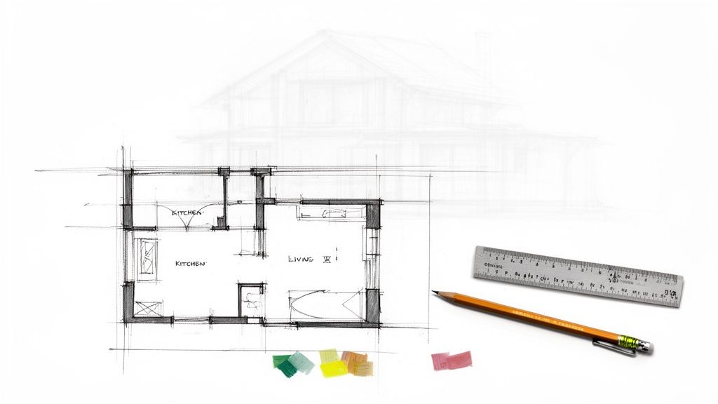Architectural drawing of a house floor plan with design tools and colorful swatches.
