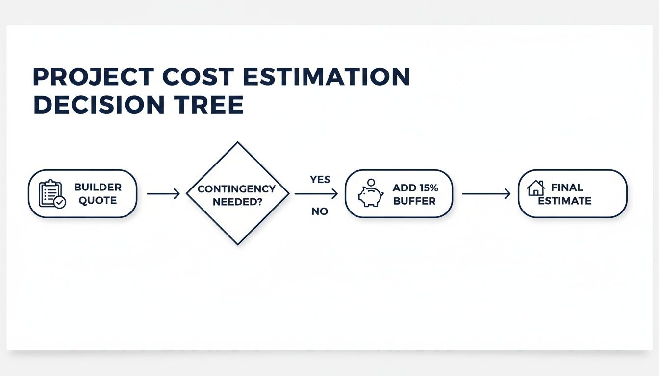A flowchart illustrating a project cost estimation decision tree, from builder quote to final estimate with a contingency buffer.