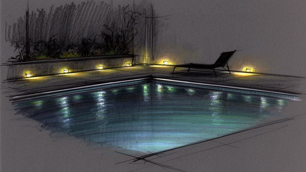 A nighttime sketch of a swimming pool area with warm patio lighting and a lounge chair.
