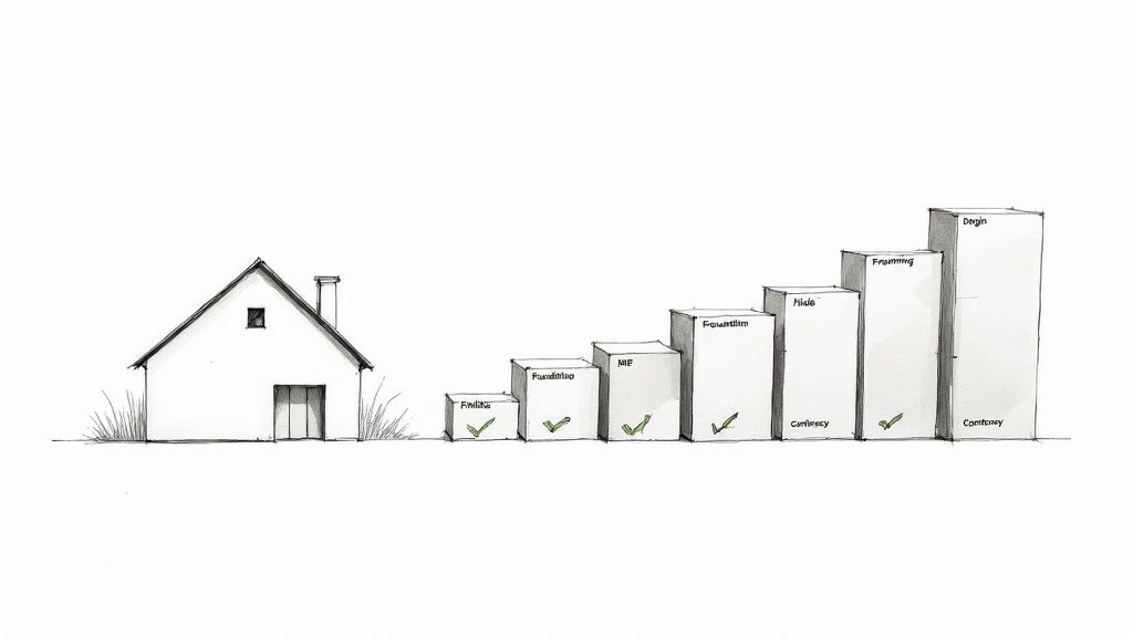 A house next to a bar chart illustrating construction project stages with labels and checkmarks.