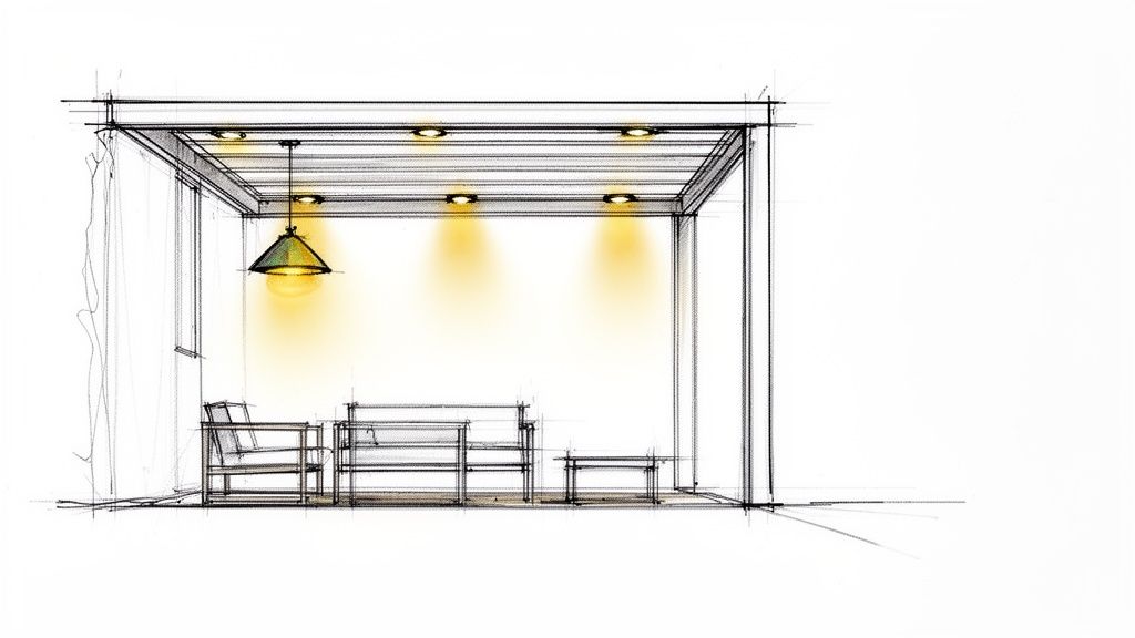 Hand-drawn sketch of a modern outdoor patio with diverse lighting fixtures and furniture.