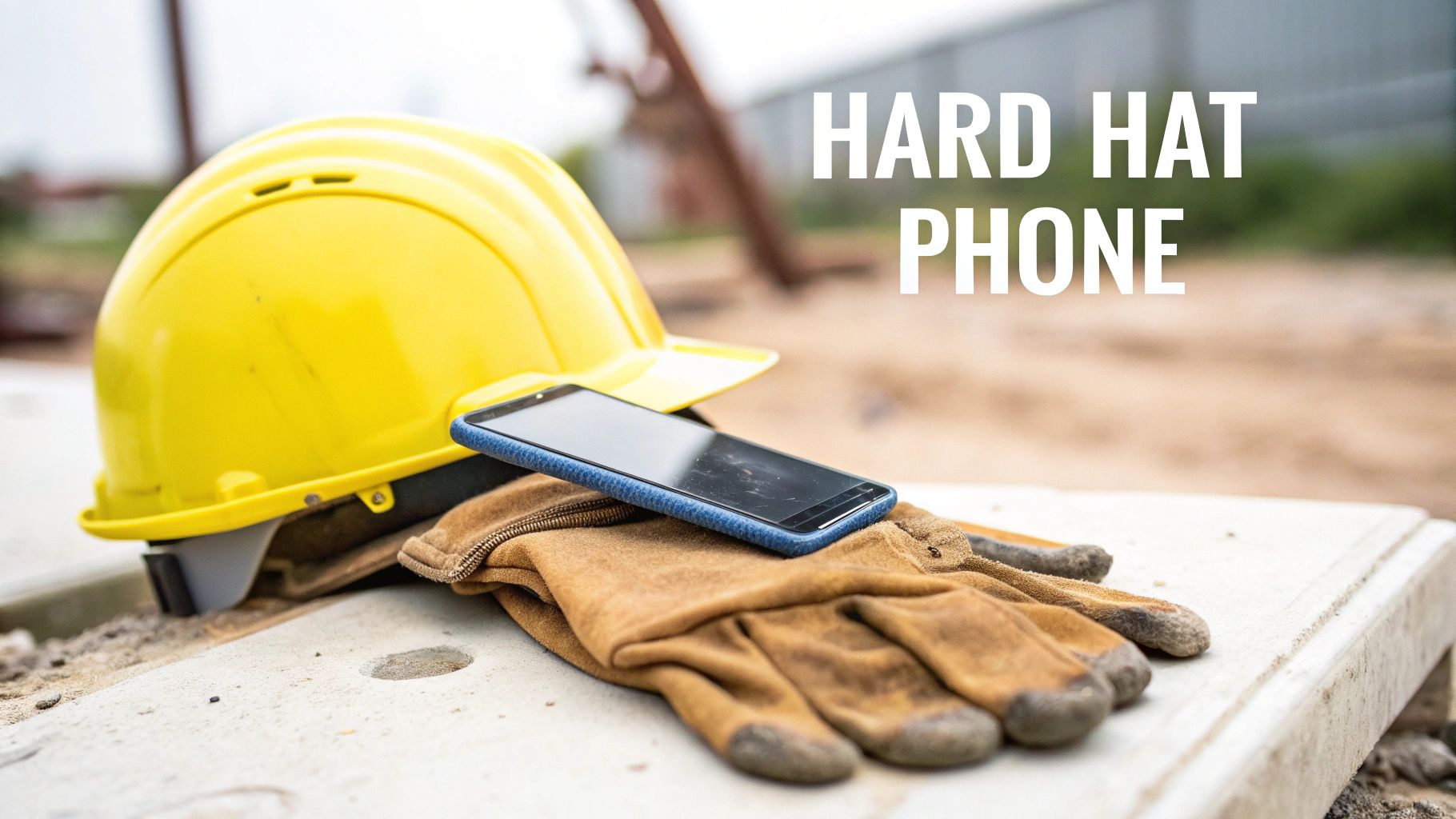 A yellow hard hat, smartphone in a blue case, and brown work gloves on a concrete surface.