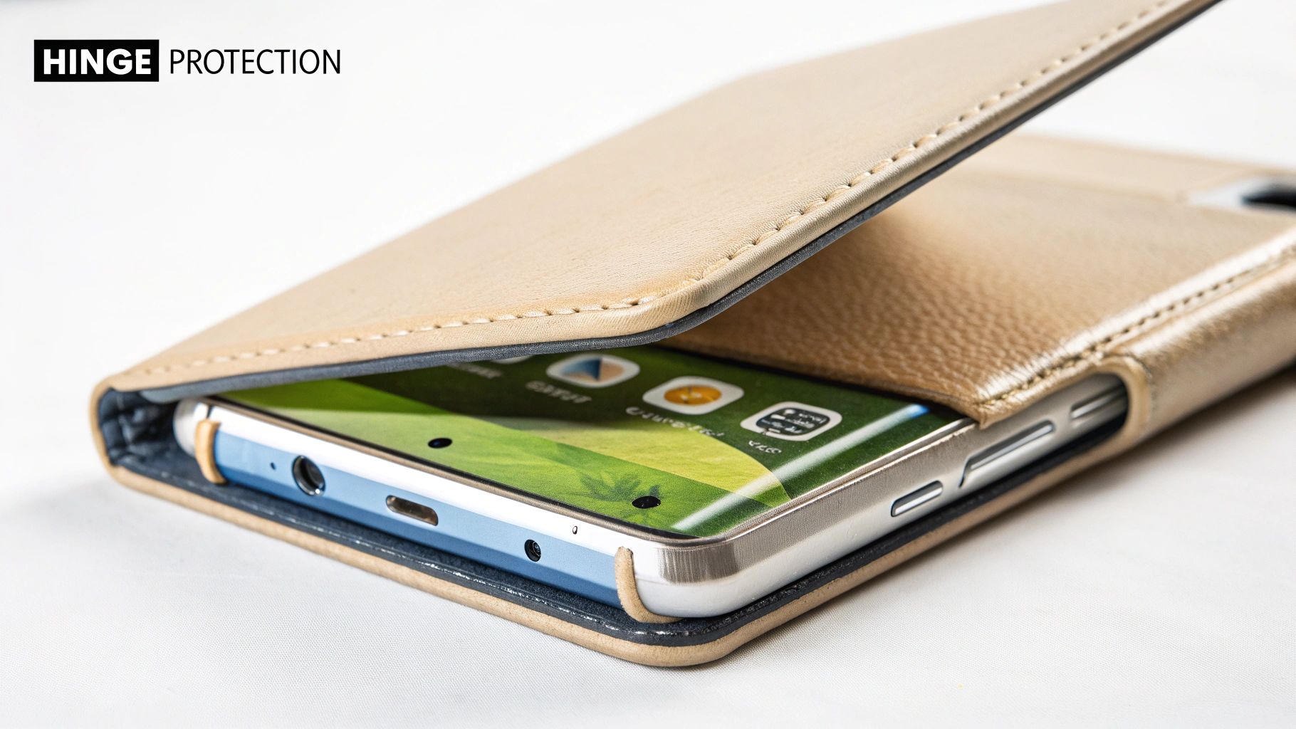 Close-up of a smartphone nestled within a beige leather flip case, highlighting its hinge protection and bottom ports.
