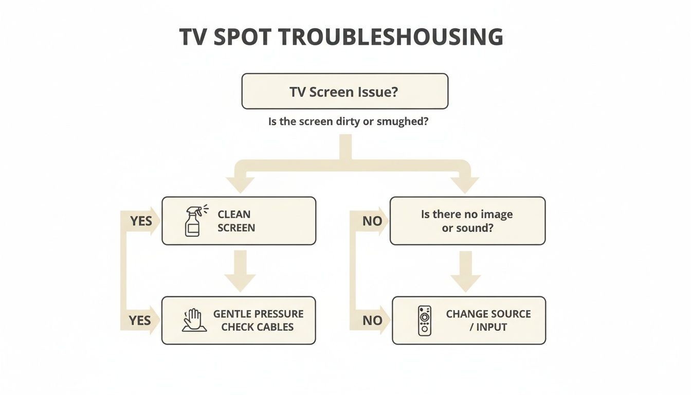A troubleshooting flowchart for common TV screen issues like smudges and no signal.