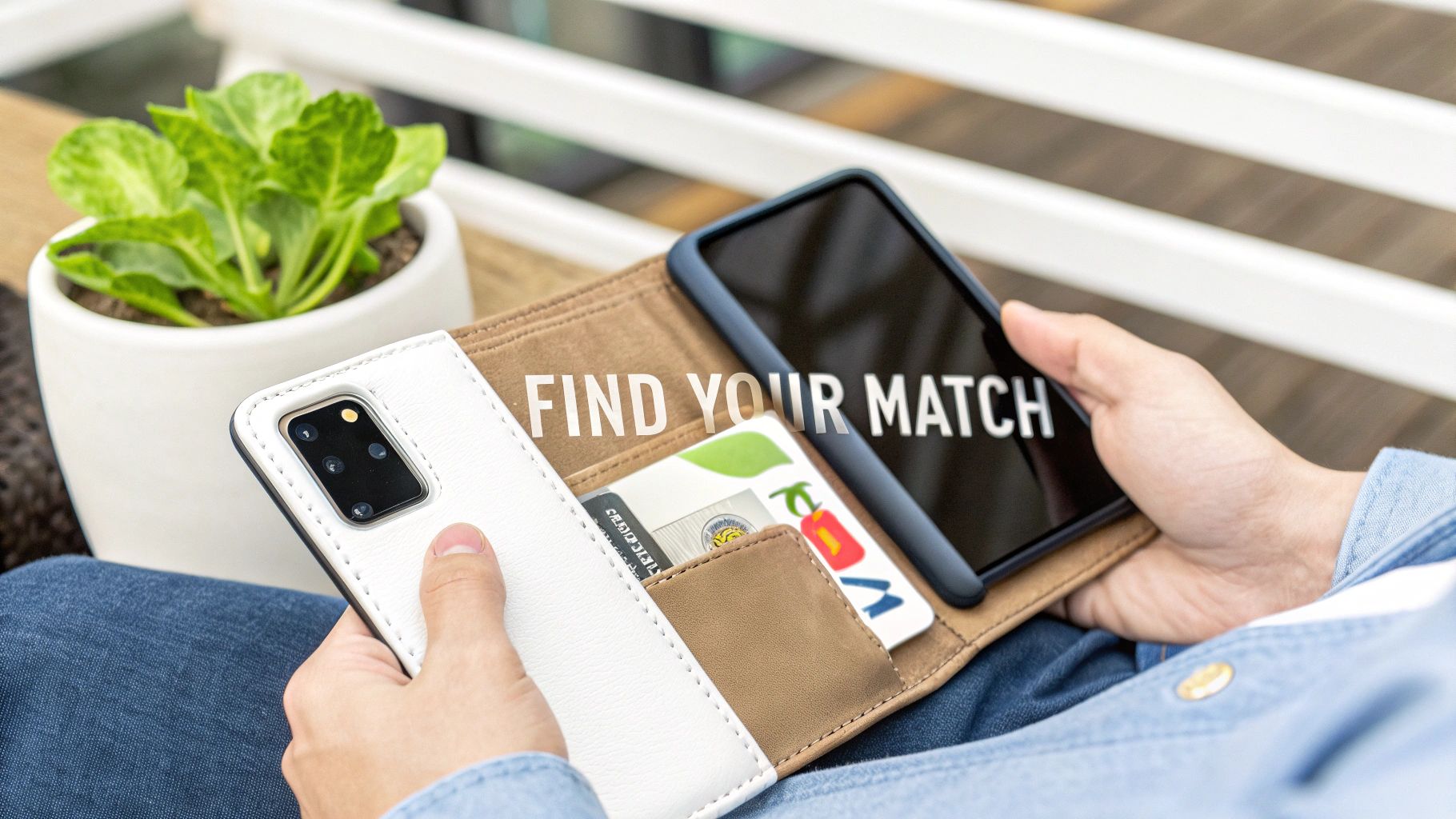 A person holds a Samsung phone in a white and brown wallet case, with credit cards visible.