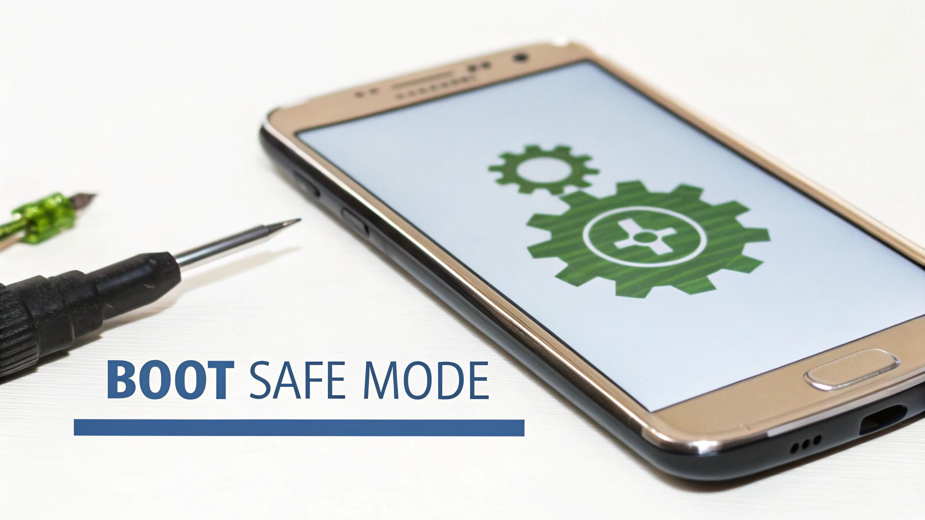 A smartphone displaying 'BOOT SAFE MODE' with gear icons, next to small screwdrivers.
