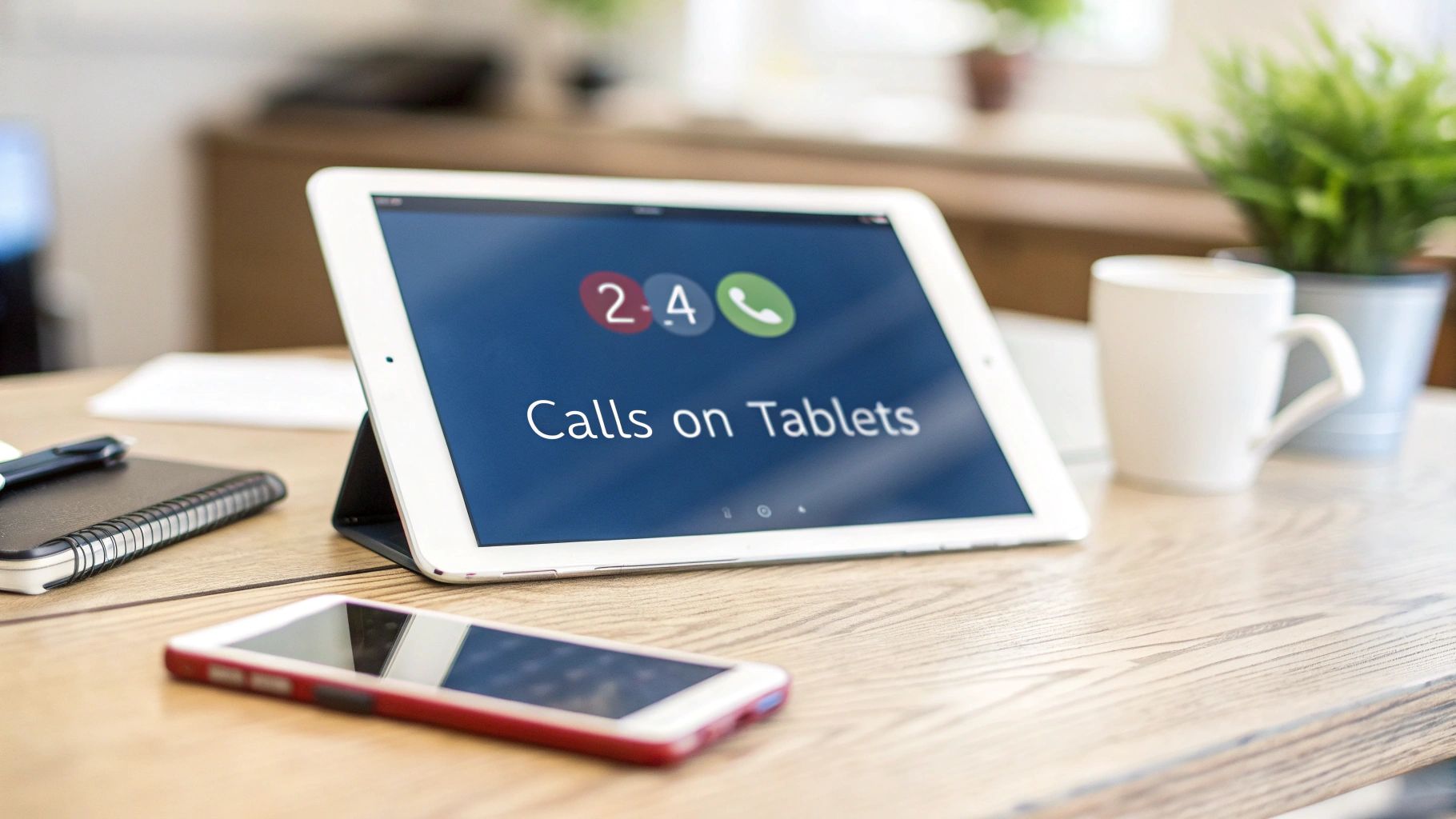 A tablet displaying "Calls on Tablets" text and icons, with a smartphone, notebook, and pen on a wooden desk.