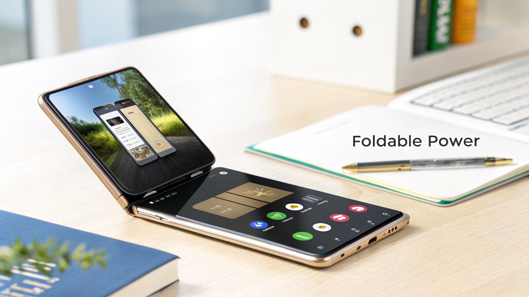 A gold foldable smartphone on a wooden desk, displaying app interfaces with 'Foldable Power' text.