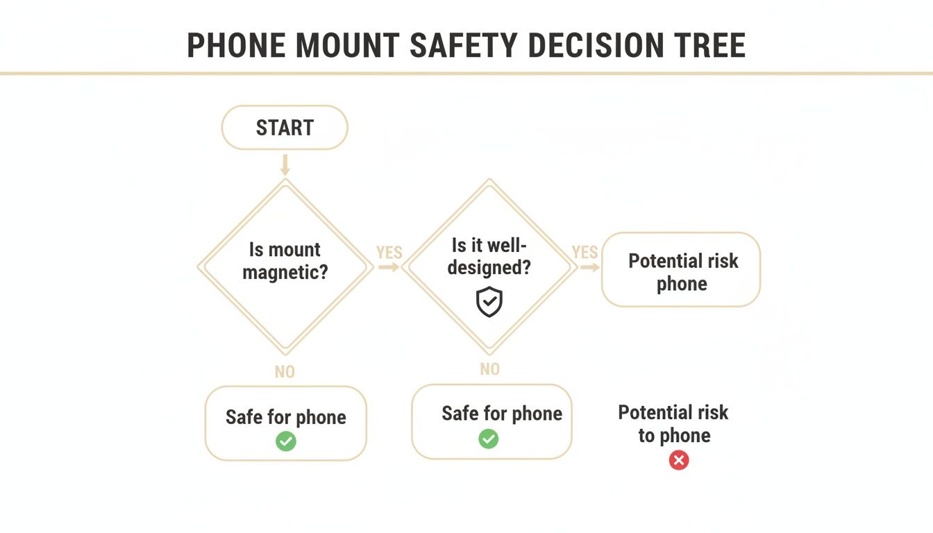 Decision tree outlining phone mount safety based on whether it's magnetic and well-designed.