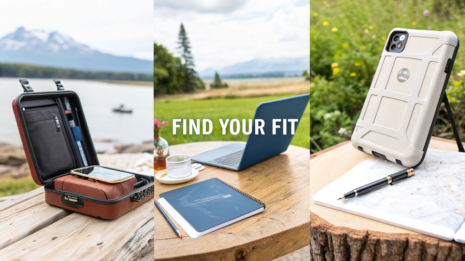 Three outdoor scenes featuring a protective case with a stylus, a laptop, and a rugged phone.