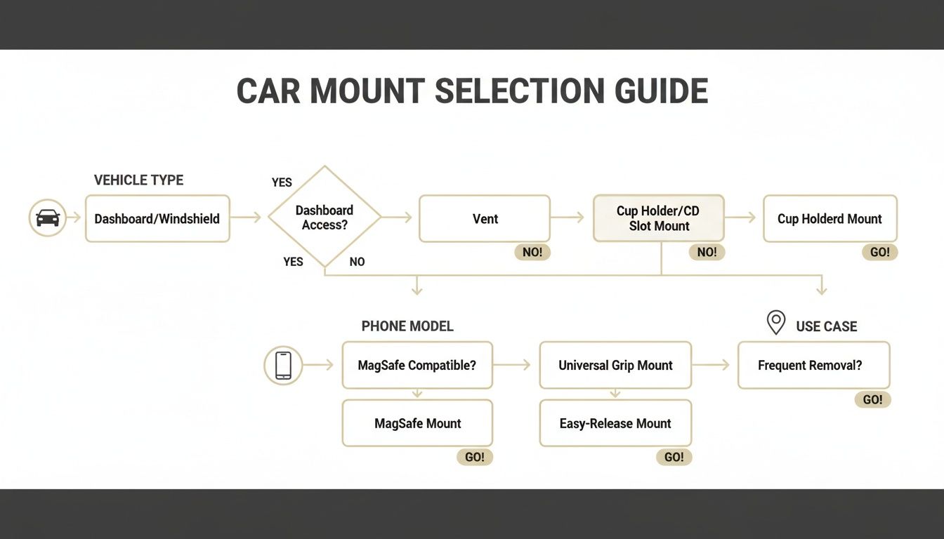 A flowchart illustrating the selection process for car phone mounts based on vehicle type, phone model, and use case.