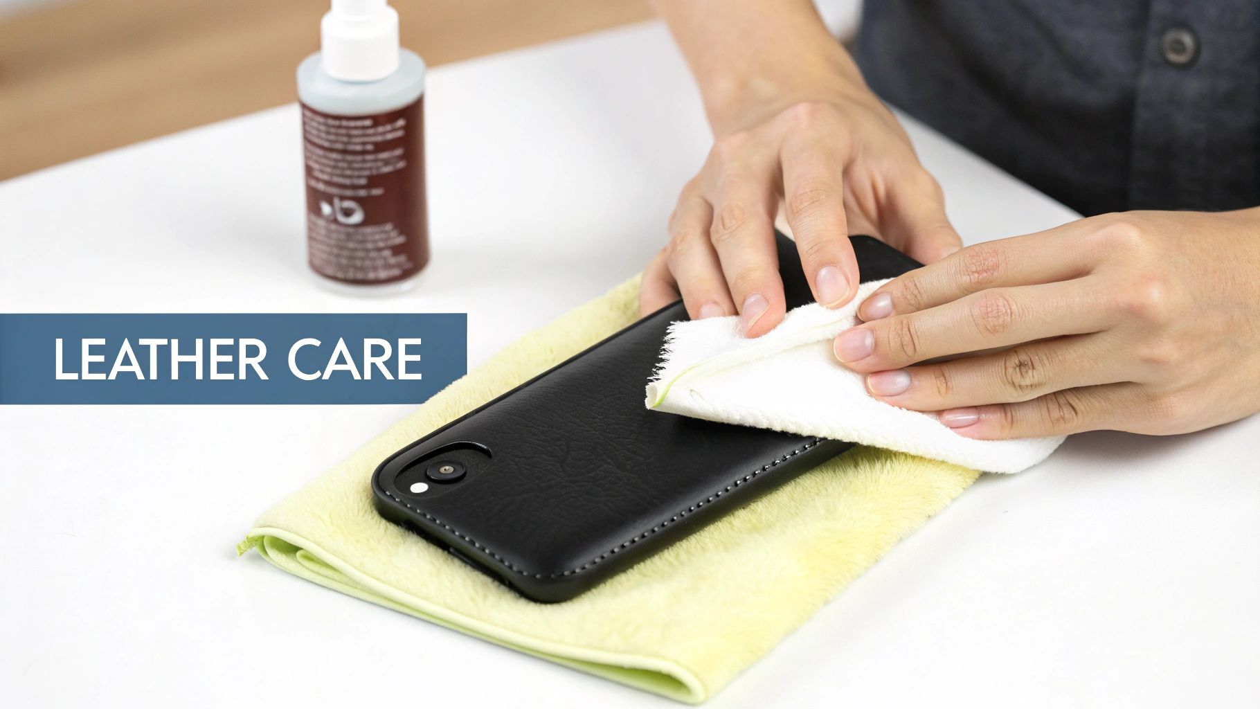 Close-up of hands cleaning a black leather phone case with a white cloth, on a yellow towel, next to a bottle of leather care product.