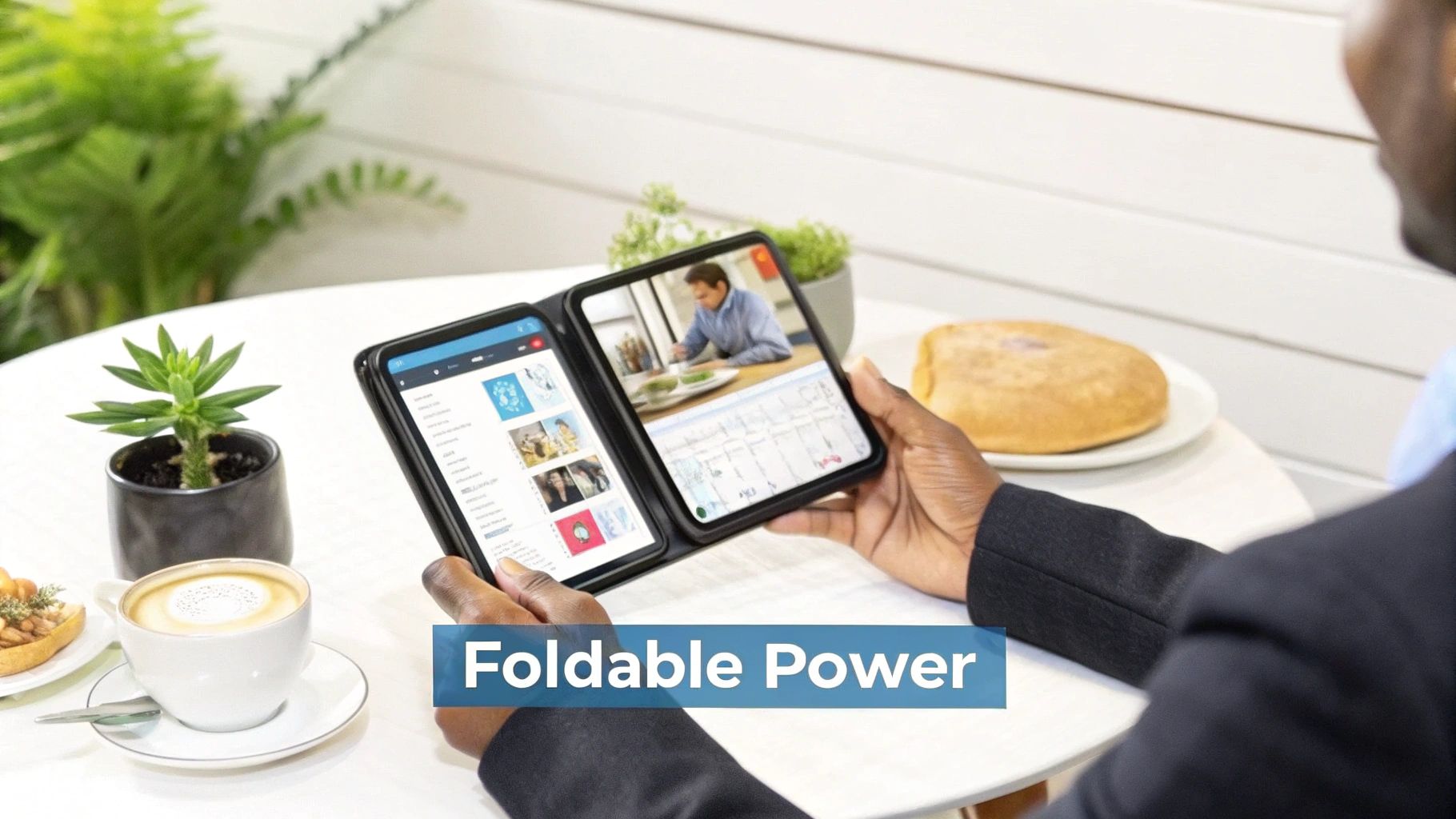 A person holds an open foldable smartphone with two screens showing a news feed and a video call, at a cafe.