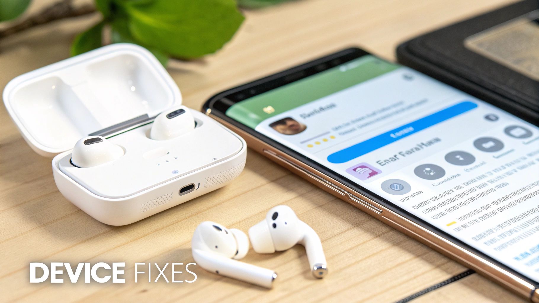 White wireless earbuds and charging case next to a smartphone on a wooden desk, symbolizing device fixes.