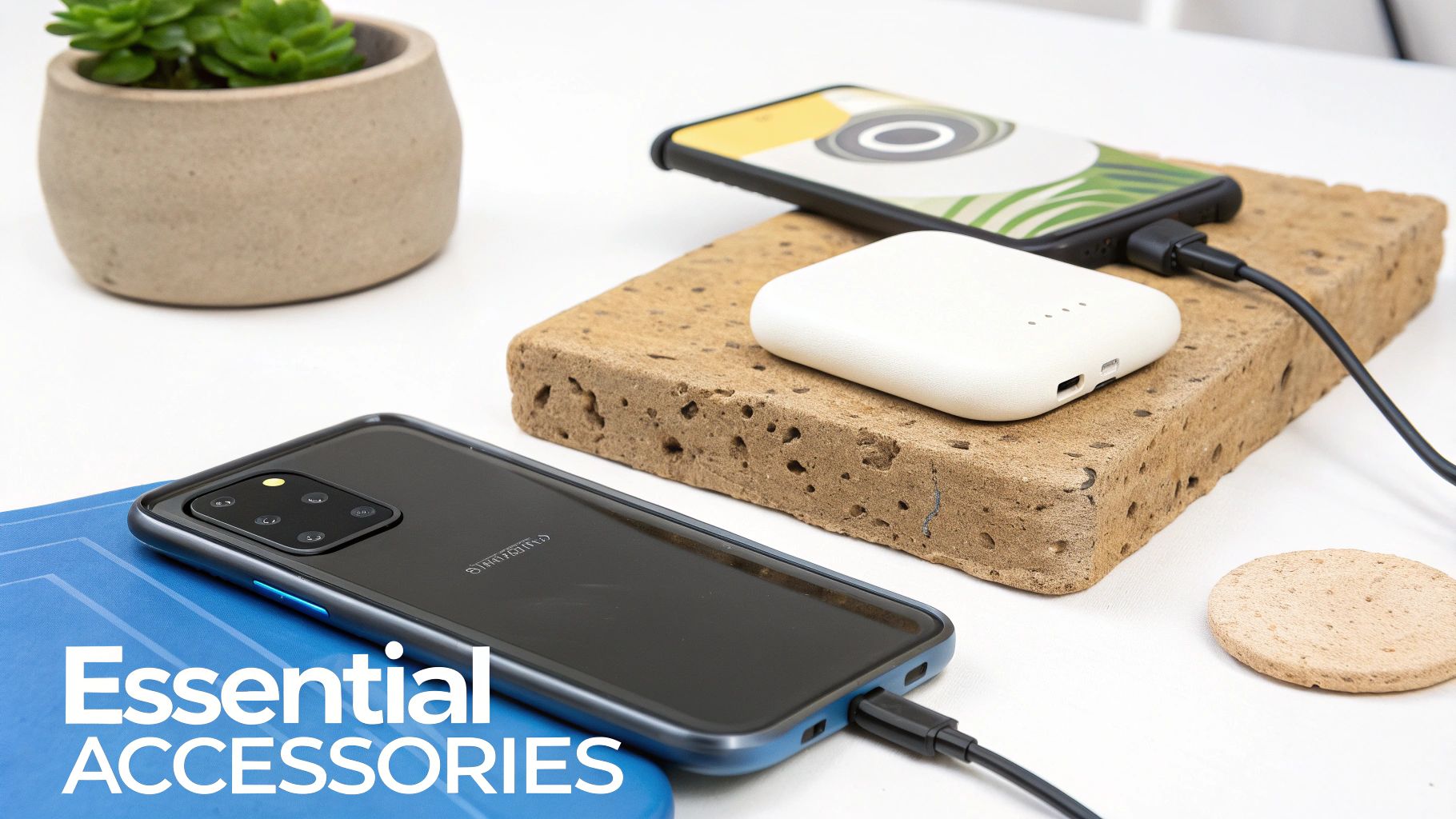 Two smartphones and a portable power bank charging on a white desk, highlighting essential tech accessories.