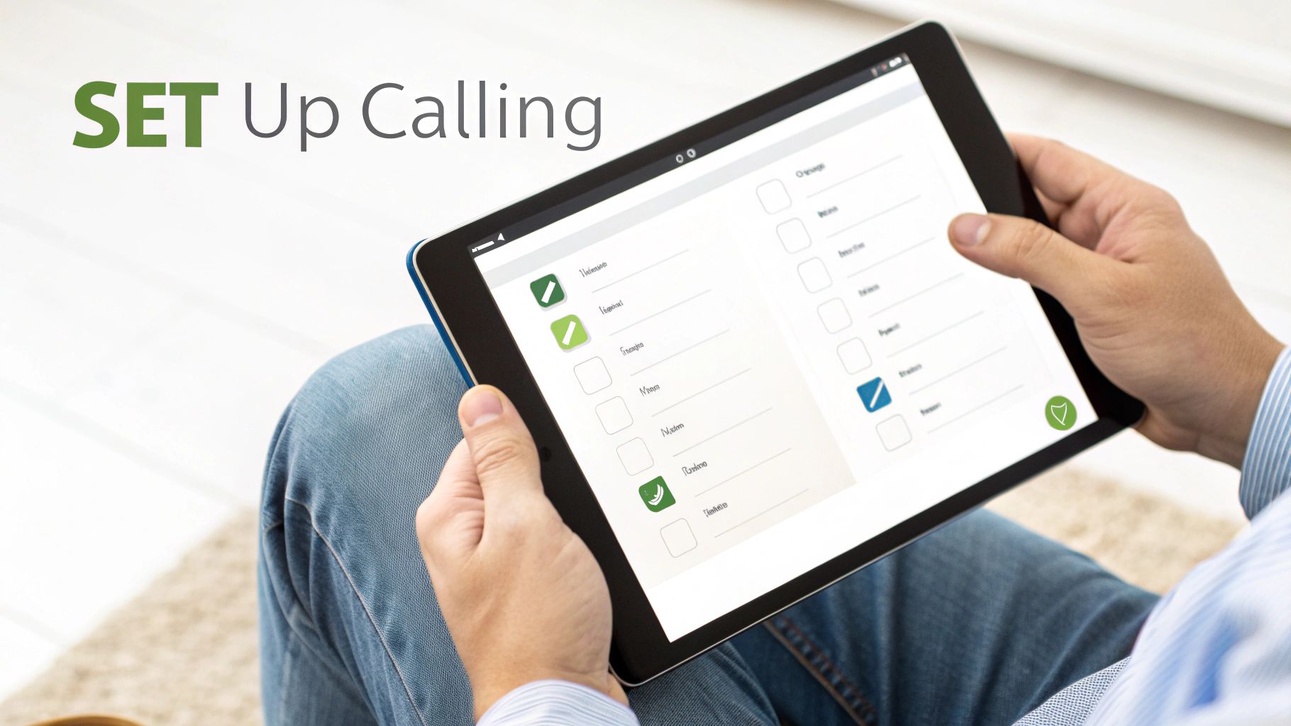 A person holds a tablet displaying an application for setting up calls with a checklist.