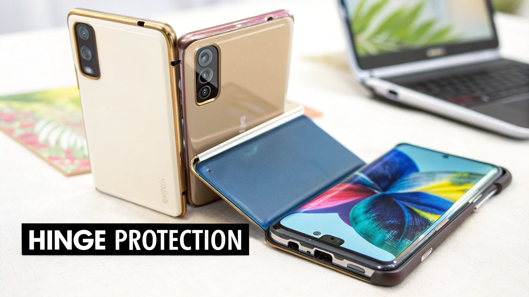 Three flip phones with protective cases, two standing upright and one open, showcasing hinge protection.