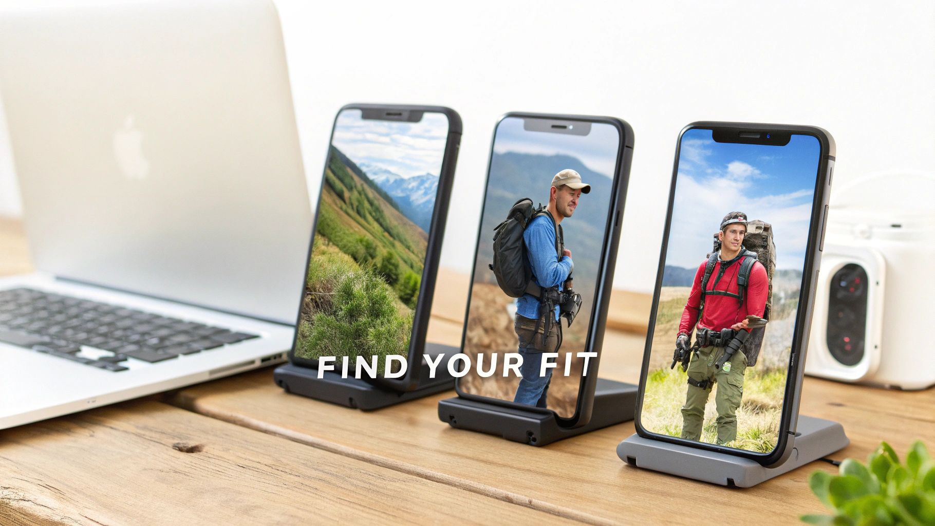 Three smartphones on stands displaying hikers and mountains, with "FIND YOUR FIT" text, on a wooden desk.