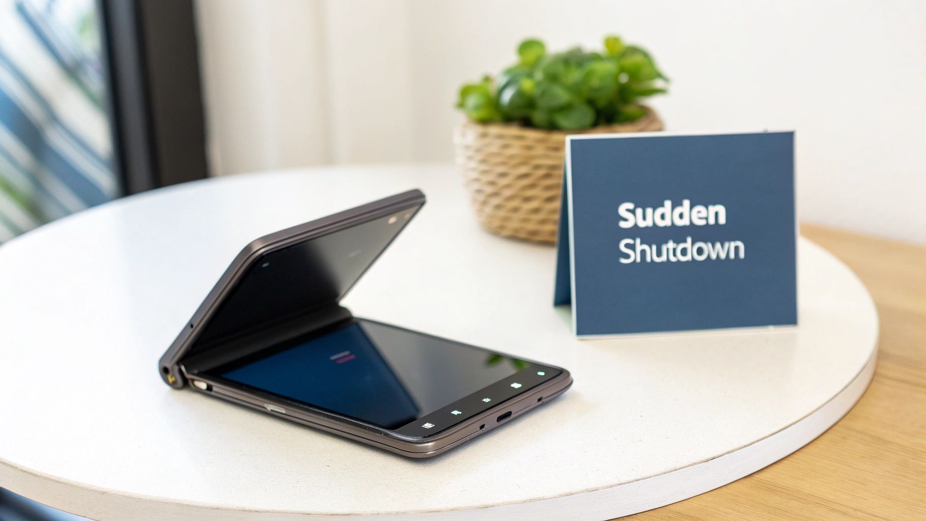 A foldable smartphone, partially open, sits on a white table beside a "Sudden Shutdown" sign.